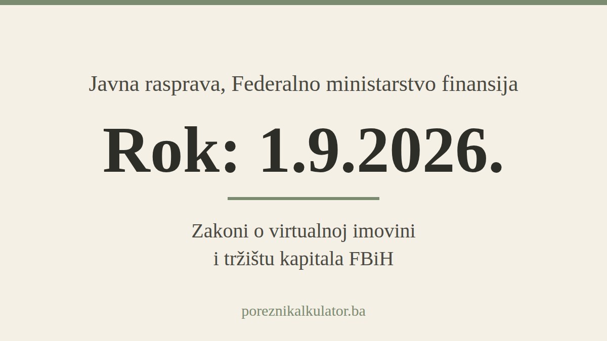 Ilustracija na krem pozadini sa istaknutim tekstom Rok: 1.9.2026. i najavom javne rasprave o zakonima o virtualnoj imovini i tržištu kapitala